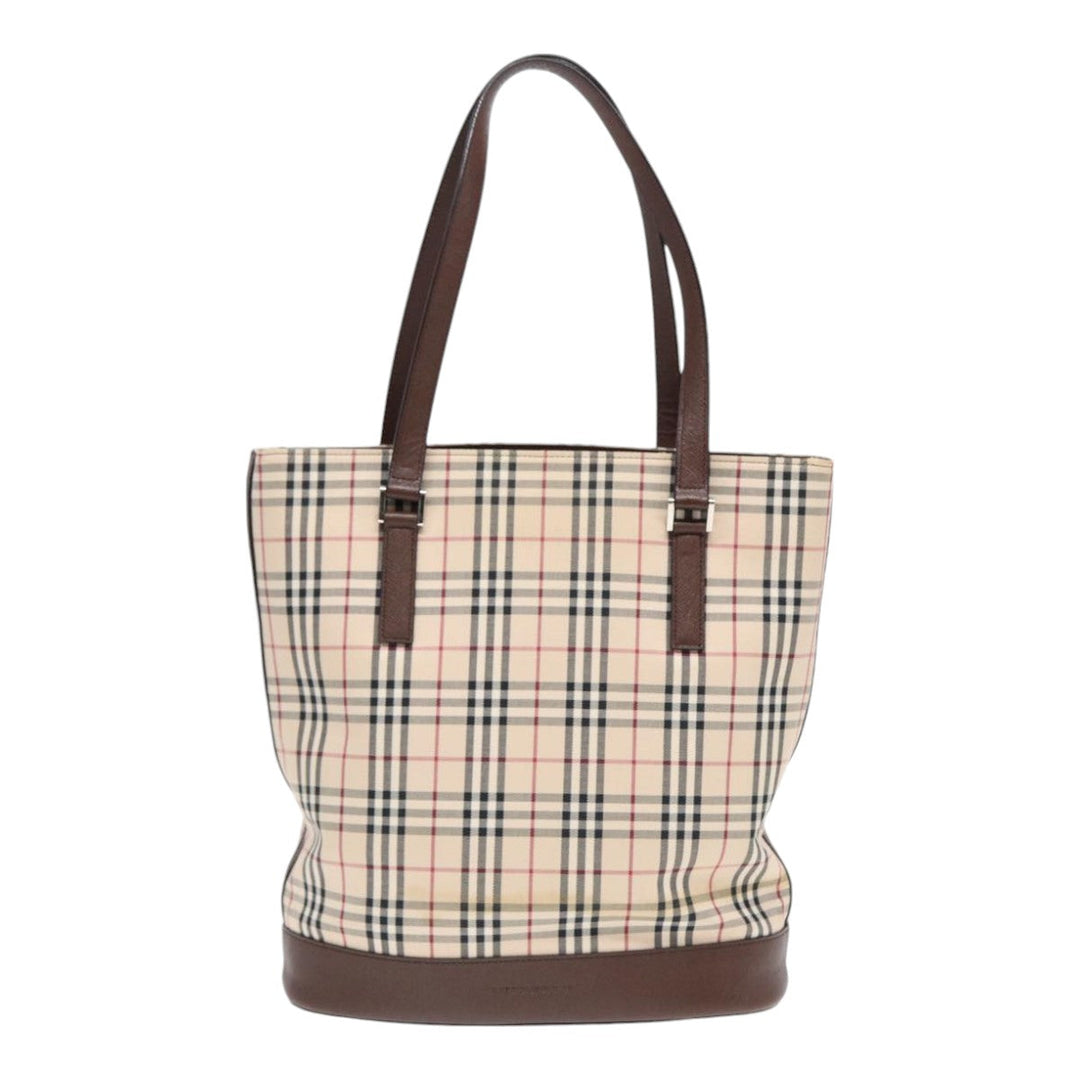 Burberry Nova Check Tote Bag Canvas Beige Brown Silver Auth 87766