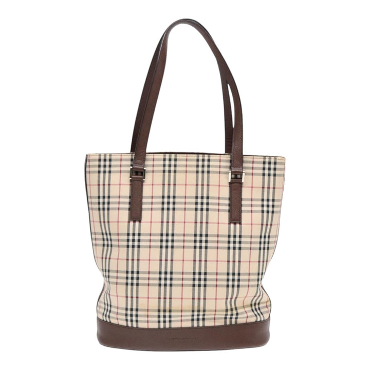 Burberry Nova Check Tote Bag Canvas Beige Brown Silver Auth 87766