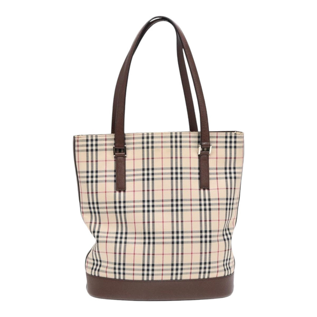 Burberry Nova Check Tote Bag Canvas Beige Brown Silver Auth 87766