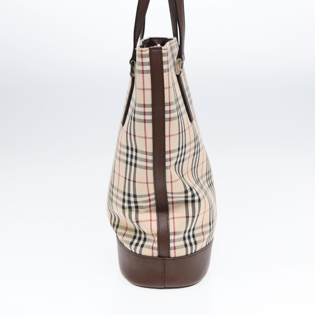 Burberry Nova Check Tote Bag Canvas Beige Brown Silver Auth 87766