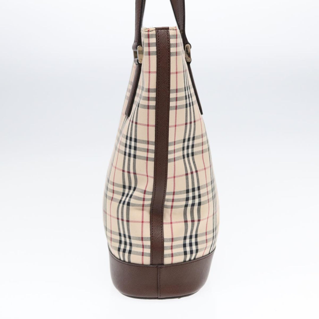 Burberry Nova Check Tote Bag Canvas Beige Brown Silver Auth 87766