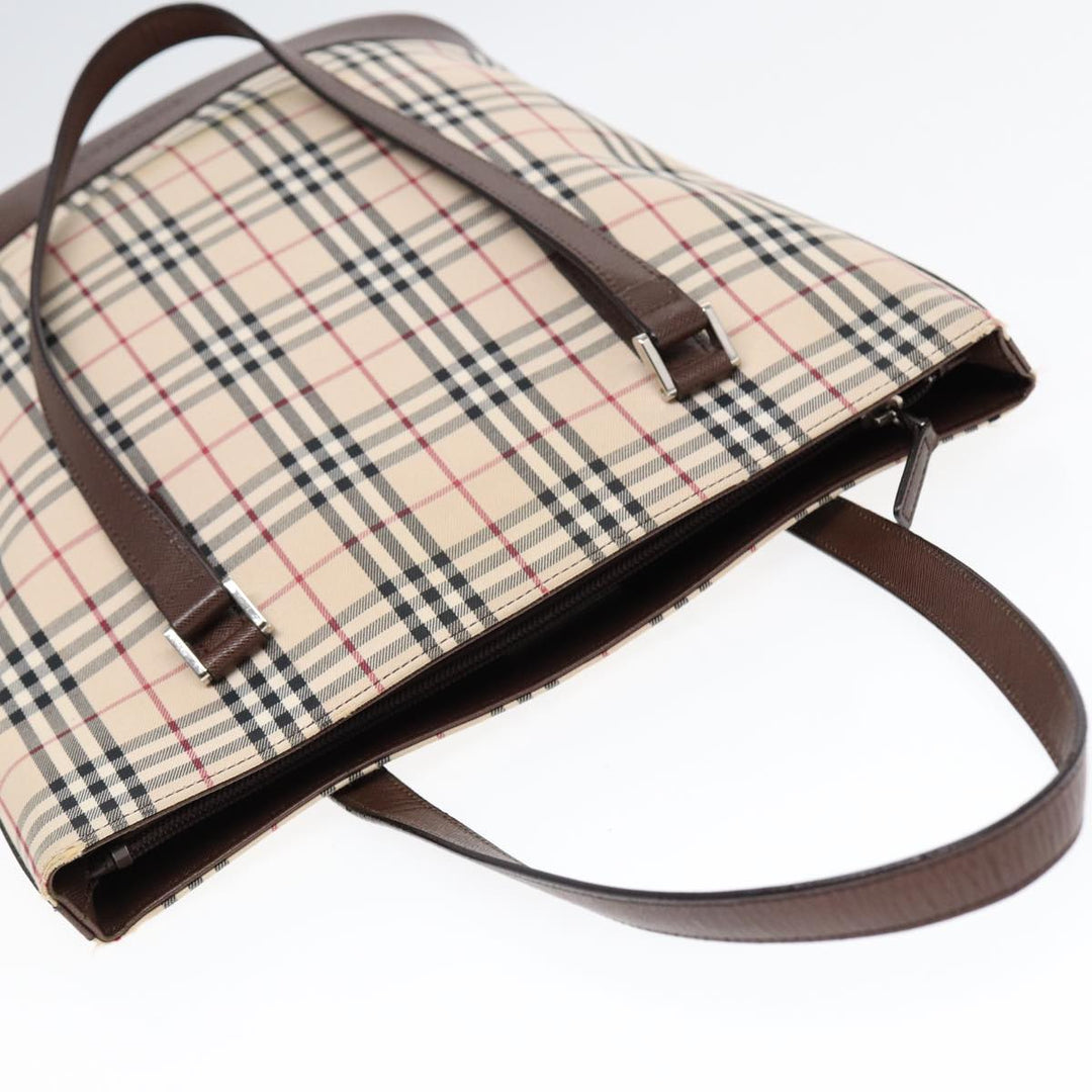 Burberry Nova Check Tote Bag Canvas Beige Brown Silver Auth 87766