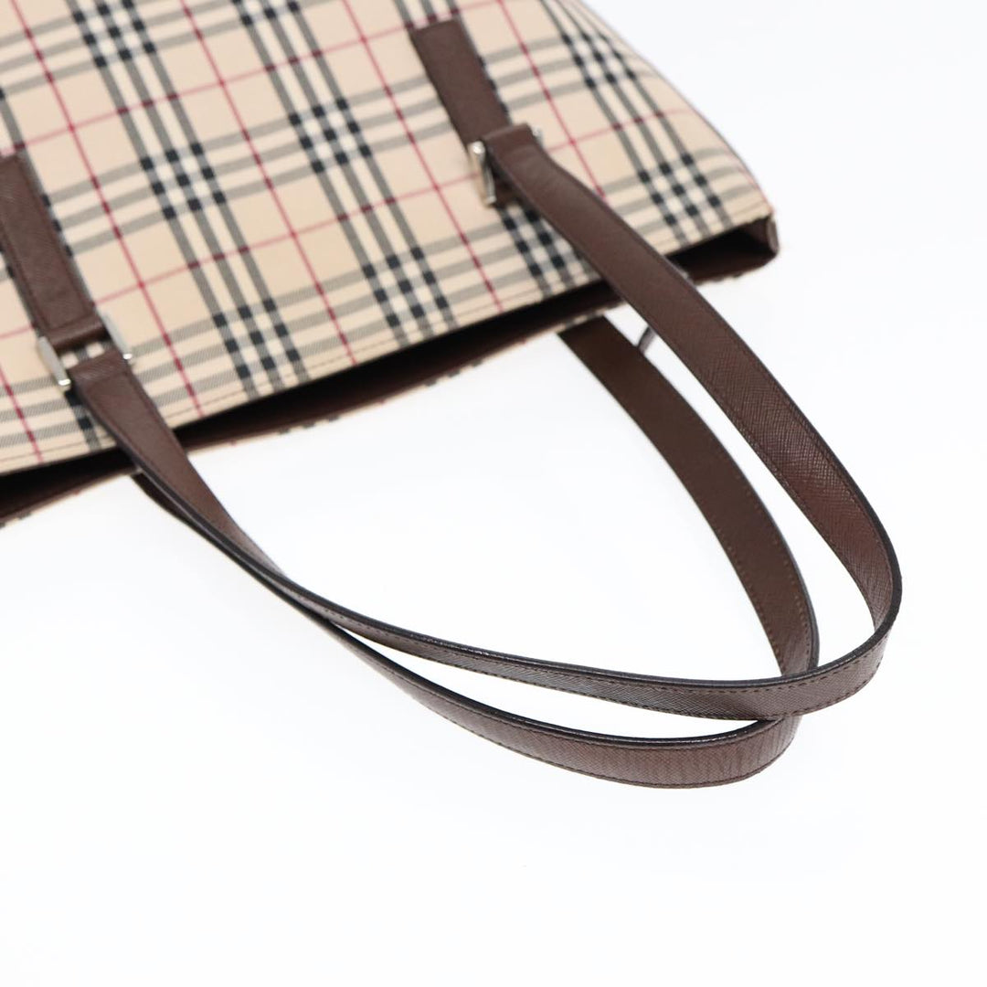 Burberry Nova Check Tote Bag Canvas Beige Brown Silver Auth 87766