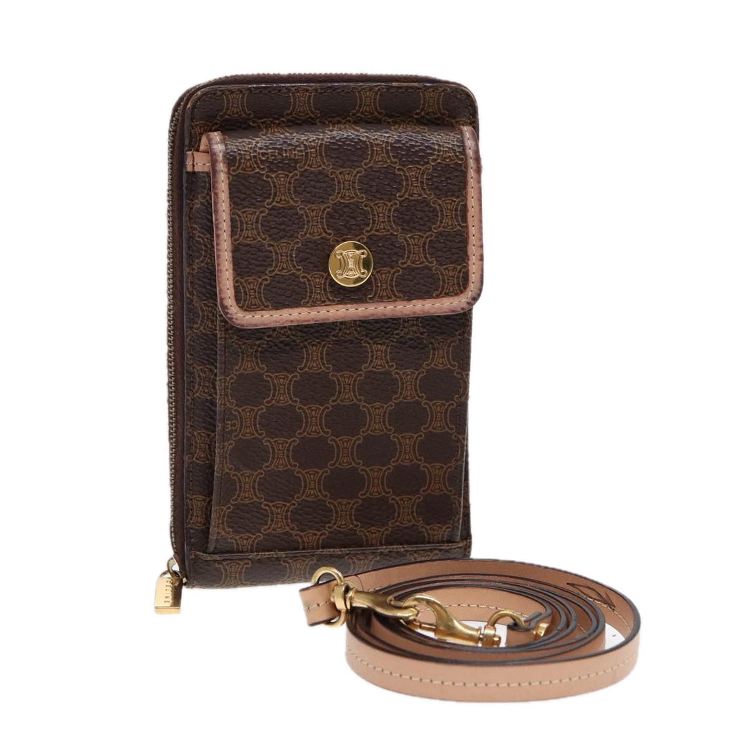 Celine Macadam Canvas Shoulder Wallet PVC Leather Gold Brown Auth 87855