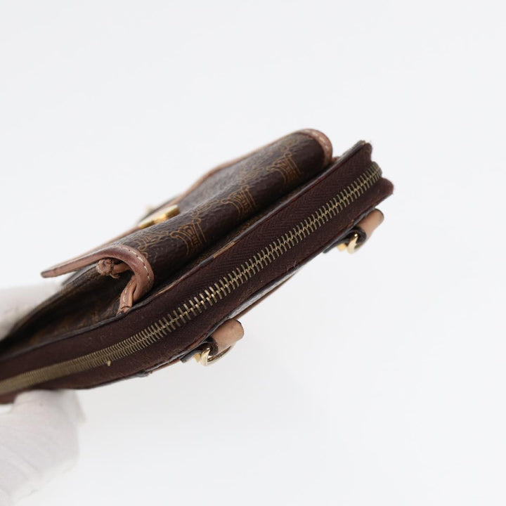 Celine Macadam Canvas Shoulder Wallet PVC Leather Gold Brown Auth 87855