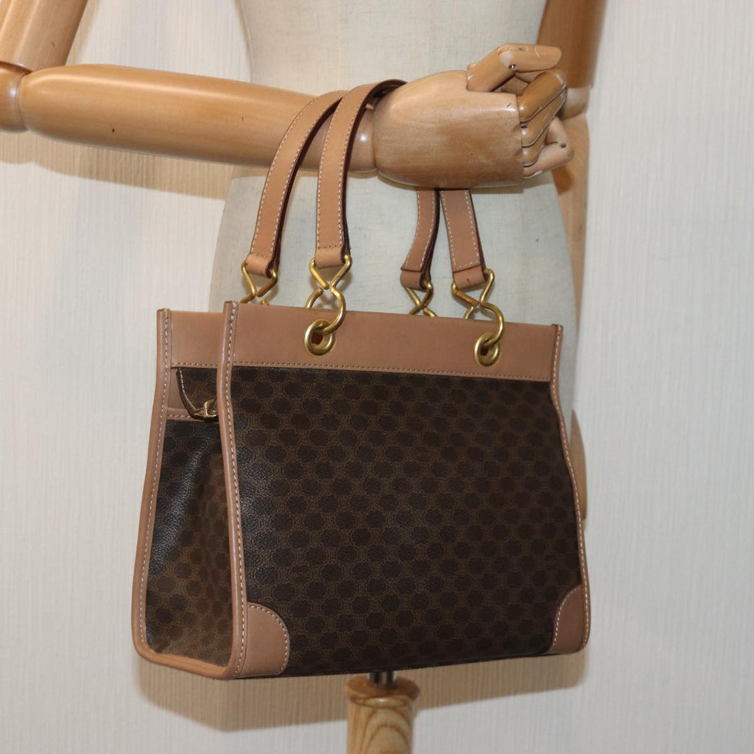 Celine Macadam Canvas Hand Bag PVC Leather Brown Gold Auth 87901