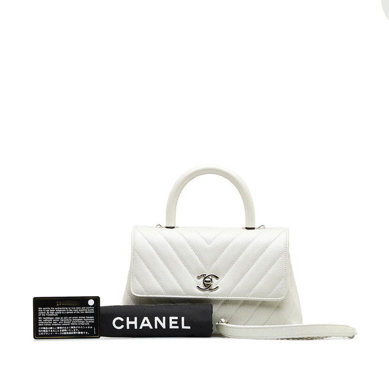 Top Quality Chanel Chevron V tick Coco Handle Handbag Shoulder Bag 2WAY White Caviar S  CHANEL