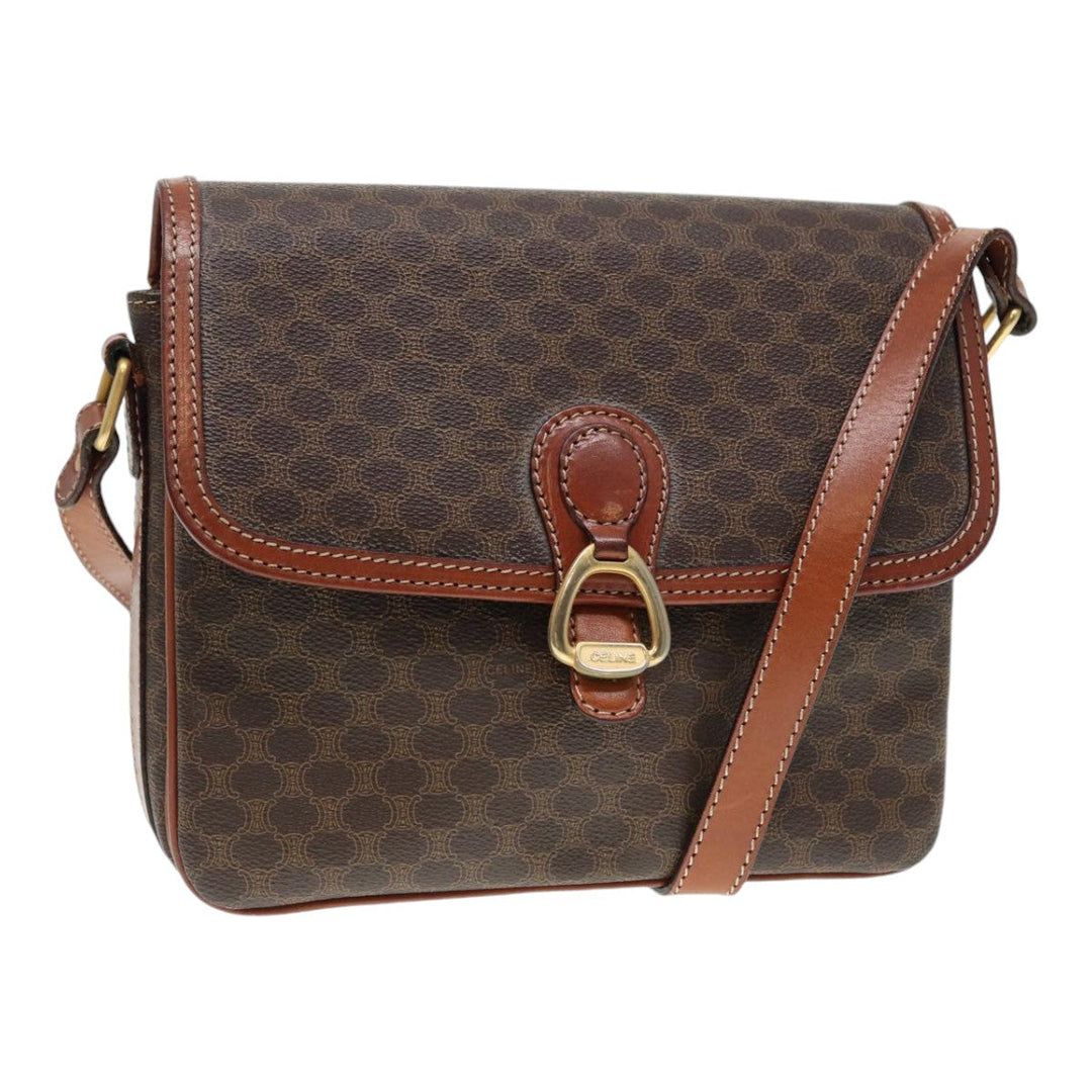 Celine Macadam Canvas Shoulder Bag PVC Leather Brown Gold Auth 88109