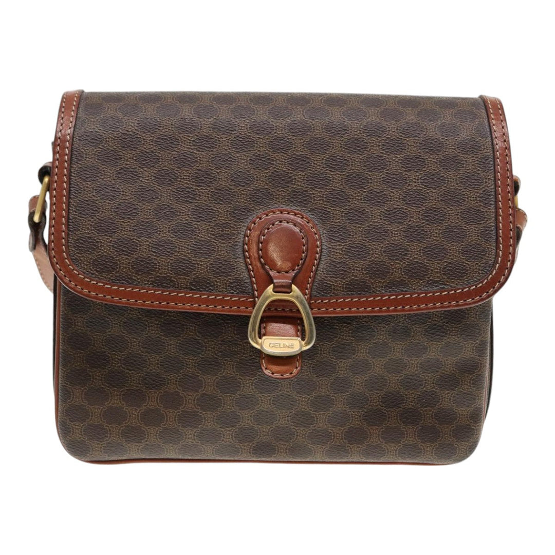 Celine Macadam Canvas Shoulder Bag PVC Leather Brown Gold Auth 88109