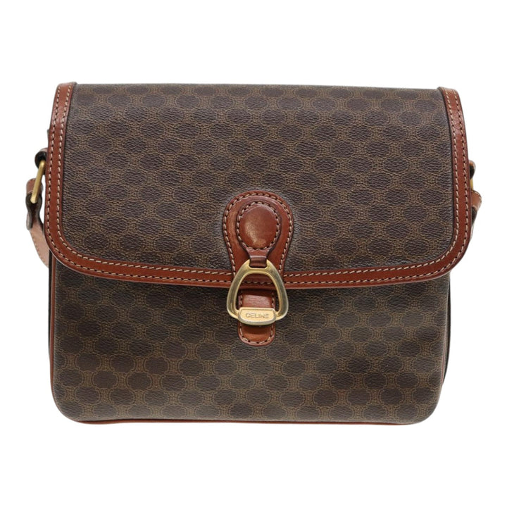 Celine Macadam Canvas Shoulder Bag PVC Leather Brown Gold Auth 88109