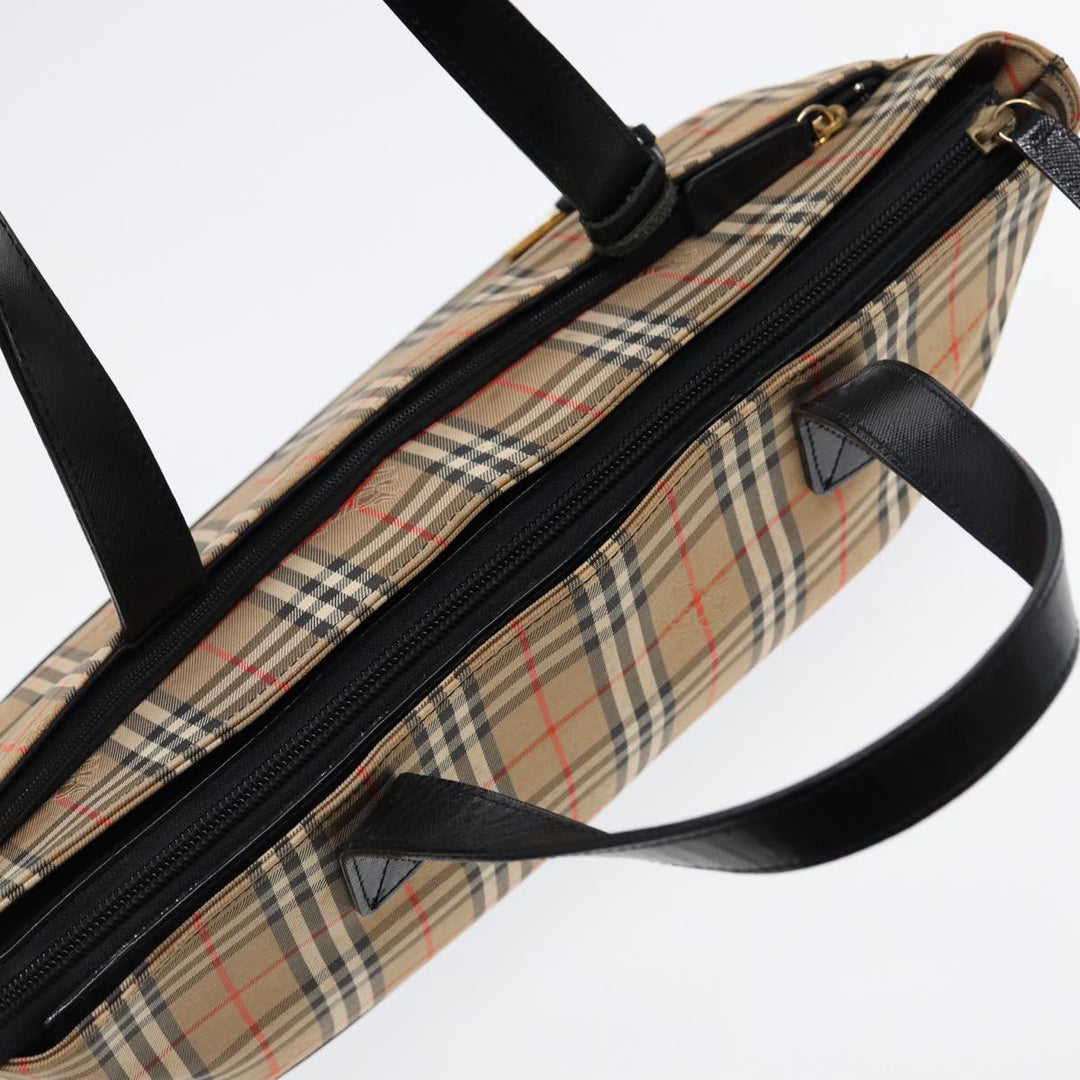 Burberry Nova Check Hand Bag Canvas Leather Beige Gold Auth 88122
