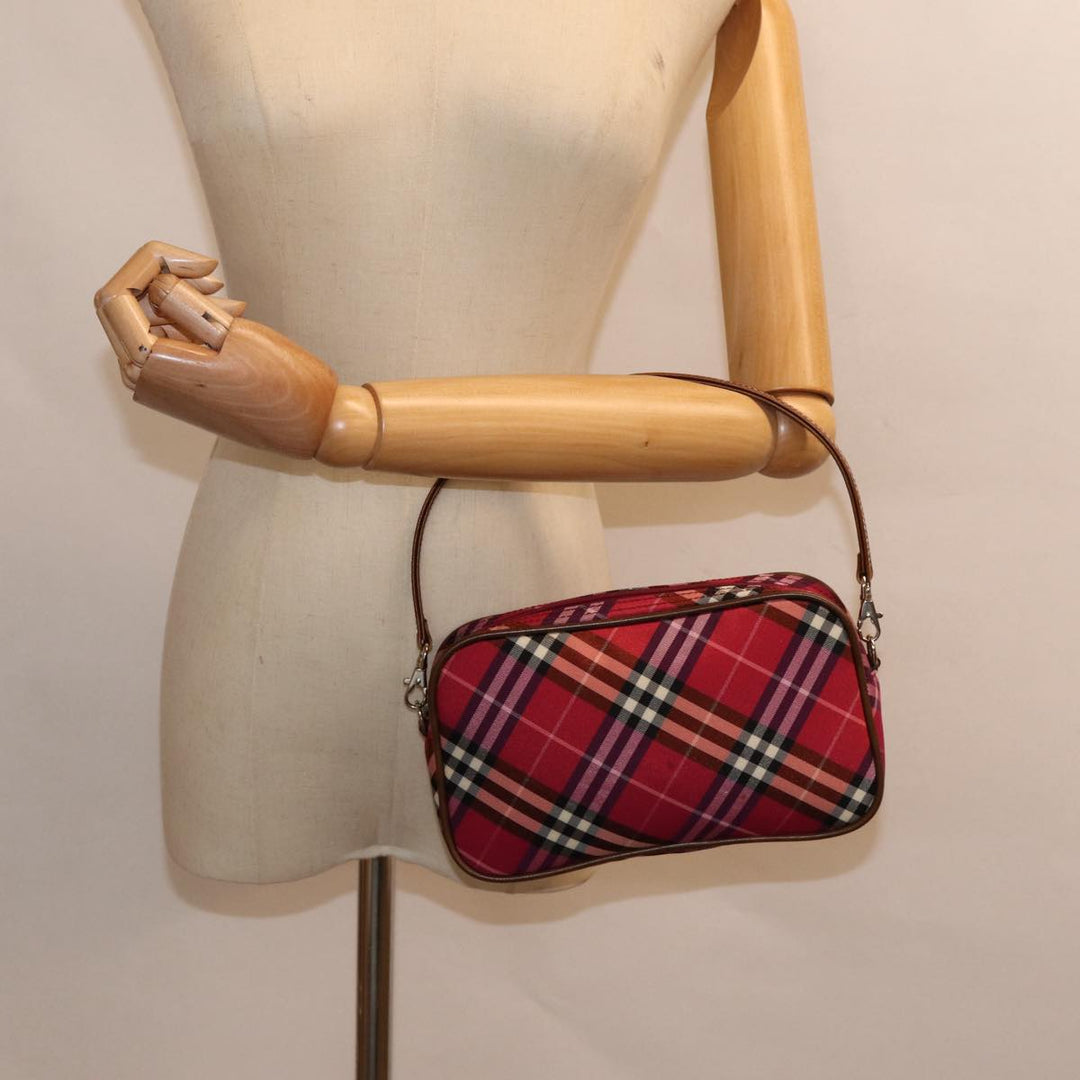 Burberry Nova Check Blue Label Hand Bag Nylon Red Silver Auth 88124