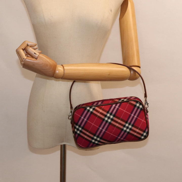 Burberry Nova Check Blue Label Hand Bag Nylon Red Silver Auth 88124