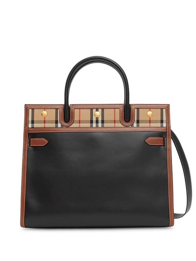 Burberry Medium Leather Vintage Check Title Tote Bag Black