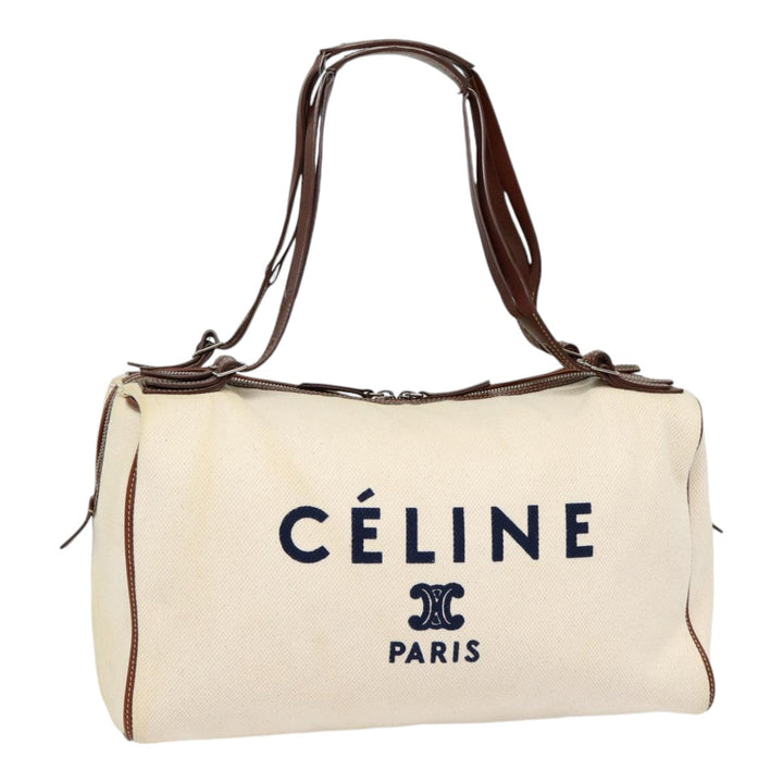 Celine Boston Bag Canvas White Silver Auth 88479