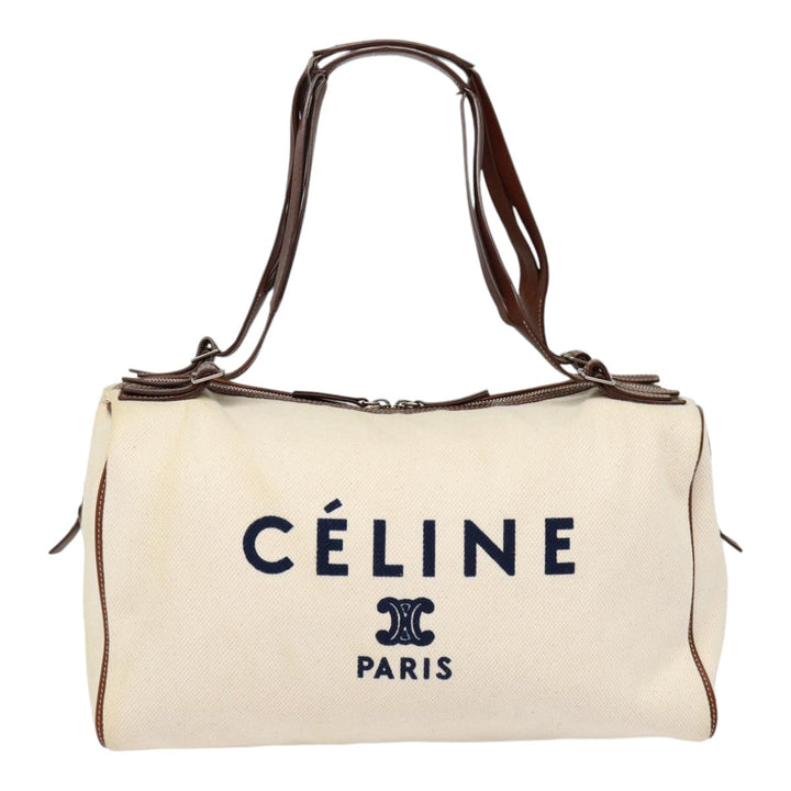 Celine Boston Bag Canvas White Silver Auth 88479