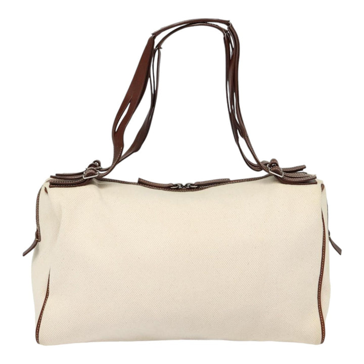 Celine Boston Bag Canvas White Silver Auth 88479