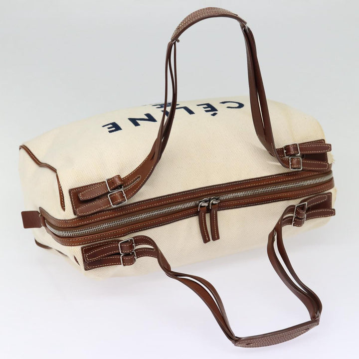 Celine Boston Bag Canvas White Silver Auth 88479
