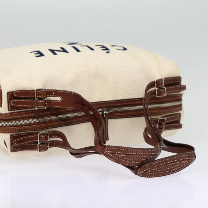 Celine Boston Bag Canvas White Silver Auth 88479