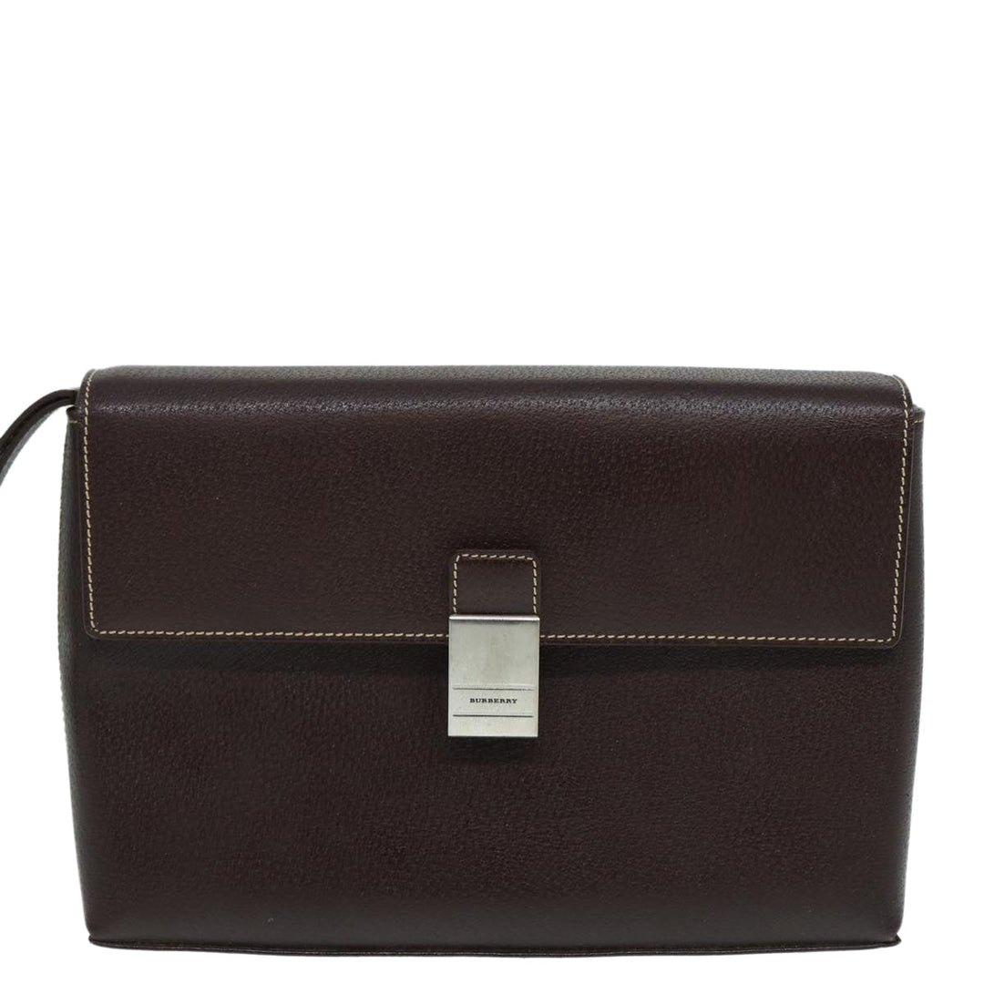 Burberry Clutch Bag Leather Brown Silver Auth 88564