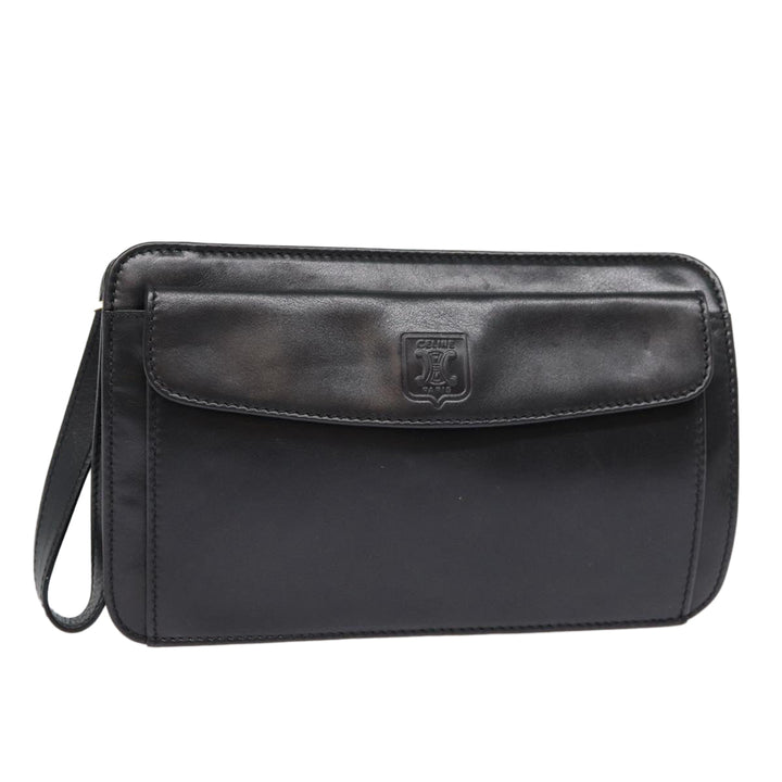 Celine Clutch Bag Leather Black Gold Auth 88603