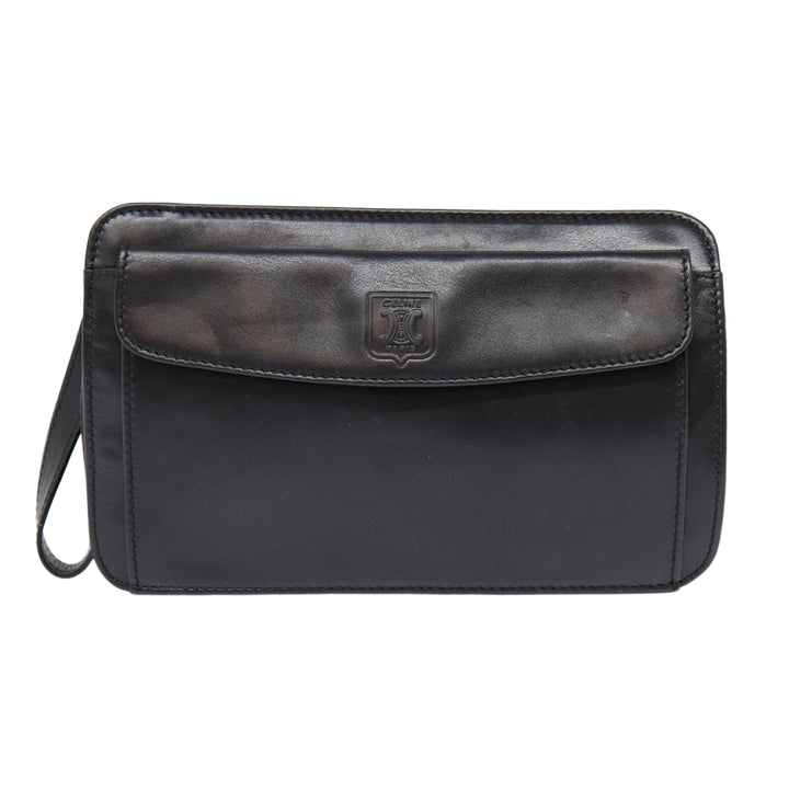 Celine Clutch Bag Leather Black Gold Auth 88603