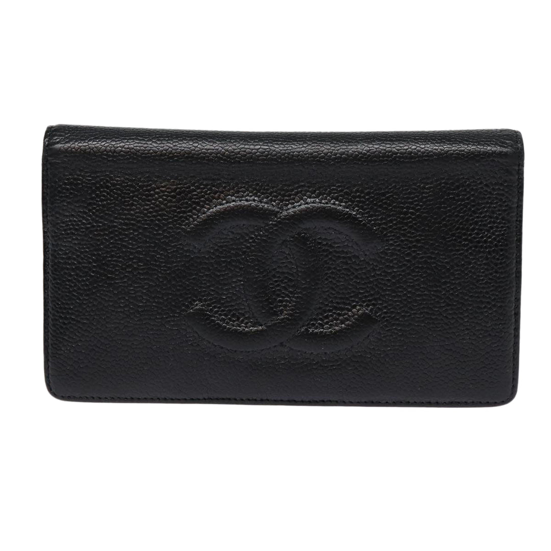 Top Quality Chanel COCO Mark Long Wallet Caviar Skin Black Silver CC Auth 88618