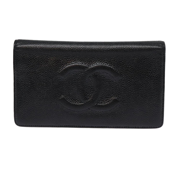 Top Quality Chanel COCO Mark Long Wallet Caviar Skin Black Silver CC Auth 88618