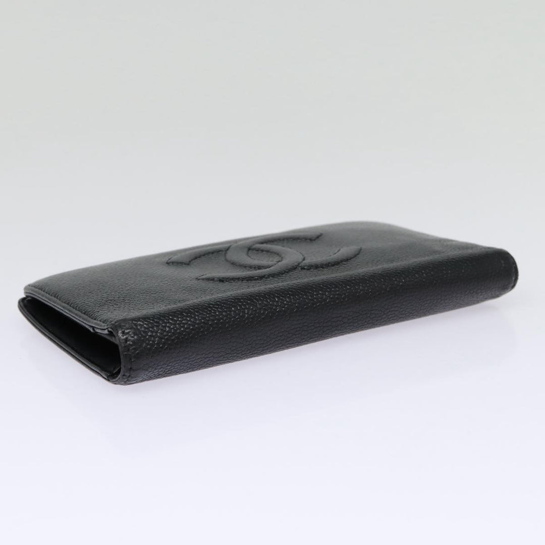 Top Quality Chanel COCO Mark Long Wallet Caviar Skin Black Silver CC Auth 88618