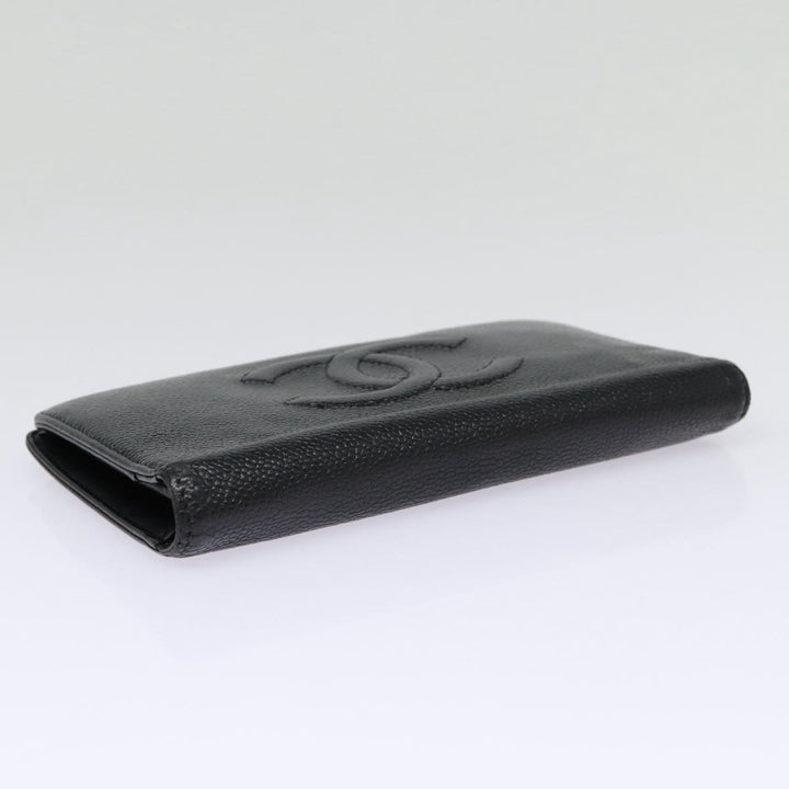 Top Quality Chanel COCO Mark Long Wallet Caviar Skin Black Silver CC Auth 88618