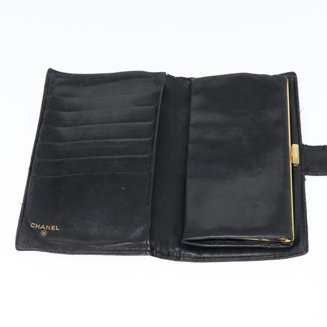 Top Quality Chanel COCO Mark Long Wallet Caviar Skin Black Gold CC Auth 88623