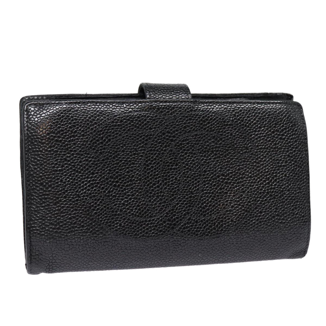 Top Quality Chanel COCO Mark Long Wallet Caviar Skin Black Gold CC Auth 88623