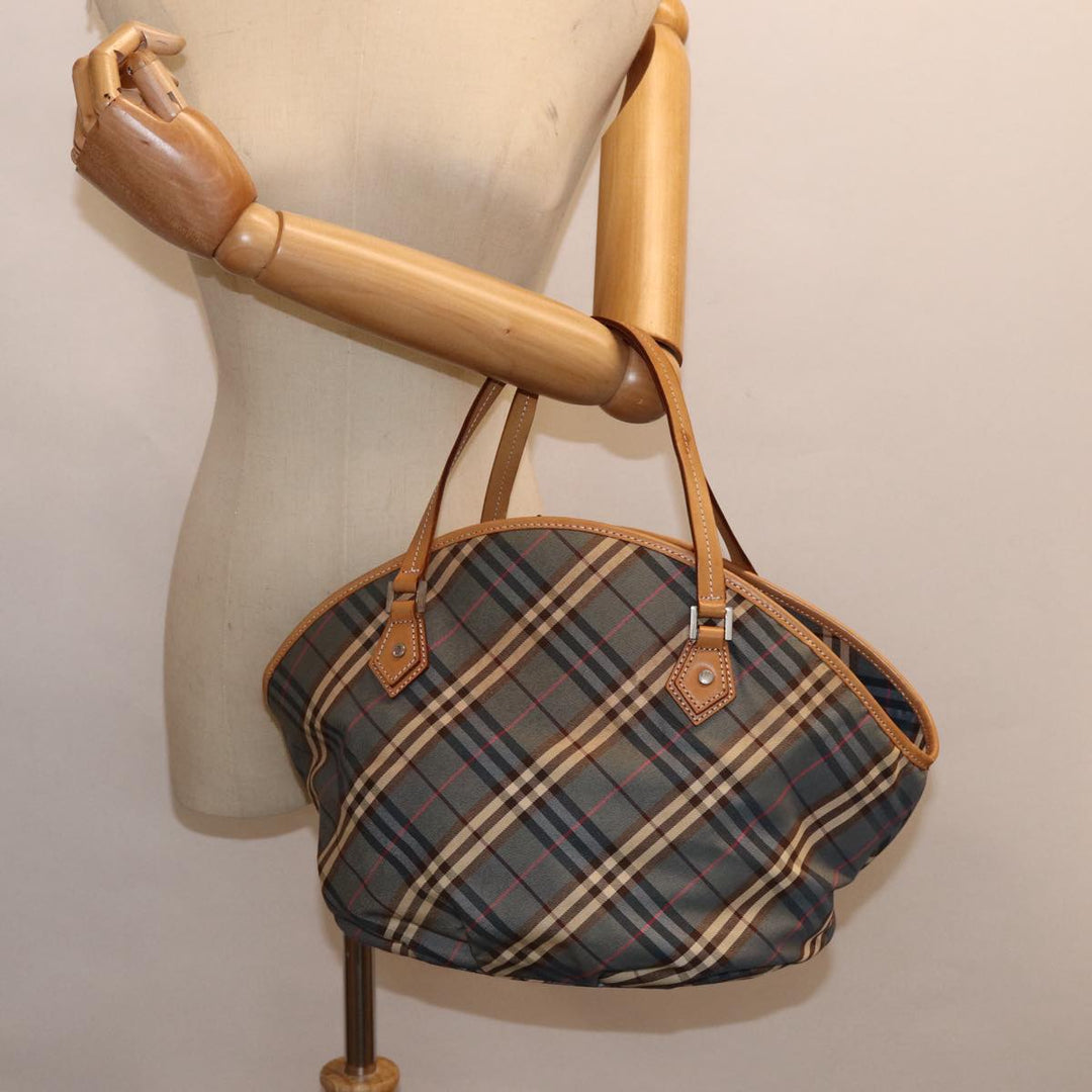 Burberry Nova Check Blue Label Hand Bag Canvas Blue Silver Auth 88648