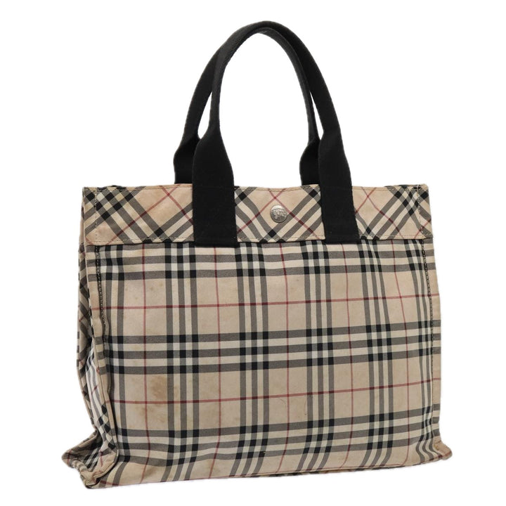 Burberry Nova Check Blue Label Hand Bag Nylon Beige Silver Auth 88679