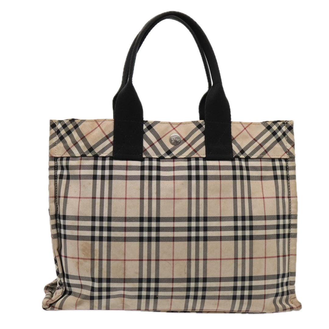Burberry Nova Check Blue Label Hand Bag Nylon Beige Silver Auth 88679
