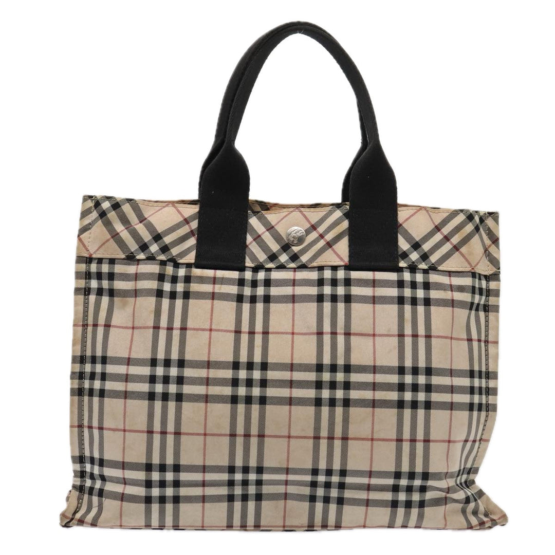 Burberry Nova Check Blue Label Hand Bag Nylon Beige Silver Auth 88679