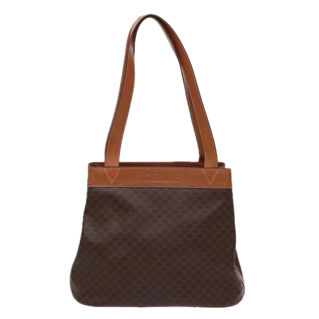 Celine Macadam Canvas Shoulder Bag PVC Leather Brown Gold Auth 88714