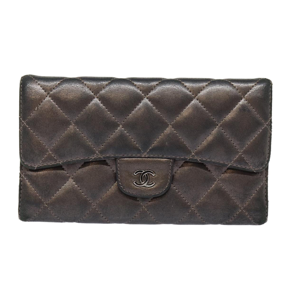 Chanel Matelasse Wallet Leather Silver Gunmetal CC Auth 88726