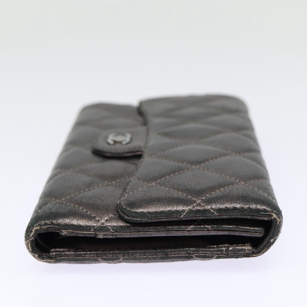 Chanel Matelasse Wallet Leather Silver Gunmetal CC Auth 88726