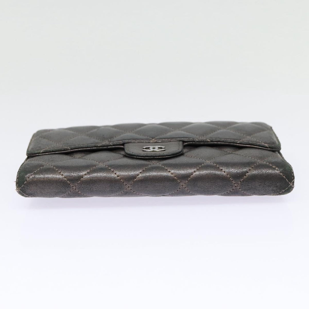Chanel Matelasse Wallet Leather Silver Gunmetal CC Auth 88726