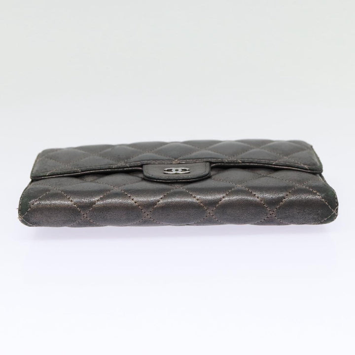 Chanel Matelasse Wallet Leather Silver Gunmetal CC Auth 88726