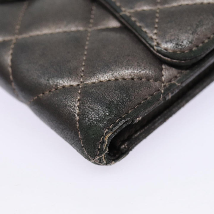 Chanel Matelasse Wallet Leather Silver Gunmetal CC Auth 88726