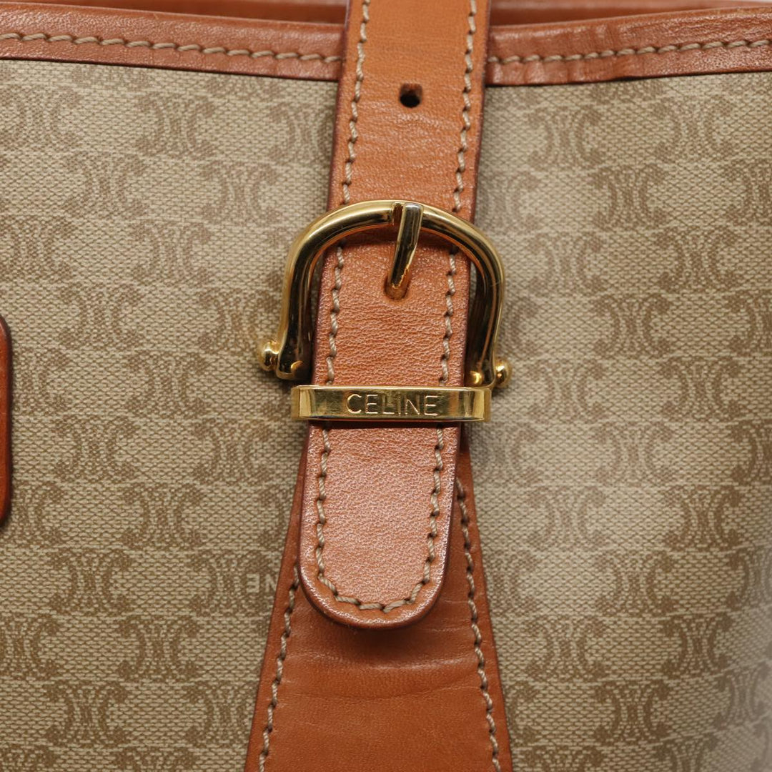 Celine Macadam Canvas Tote Bag Beige Gold Auth 88763