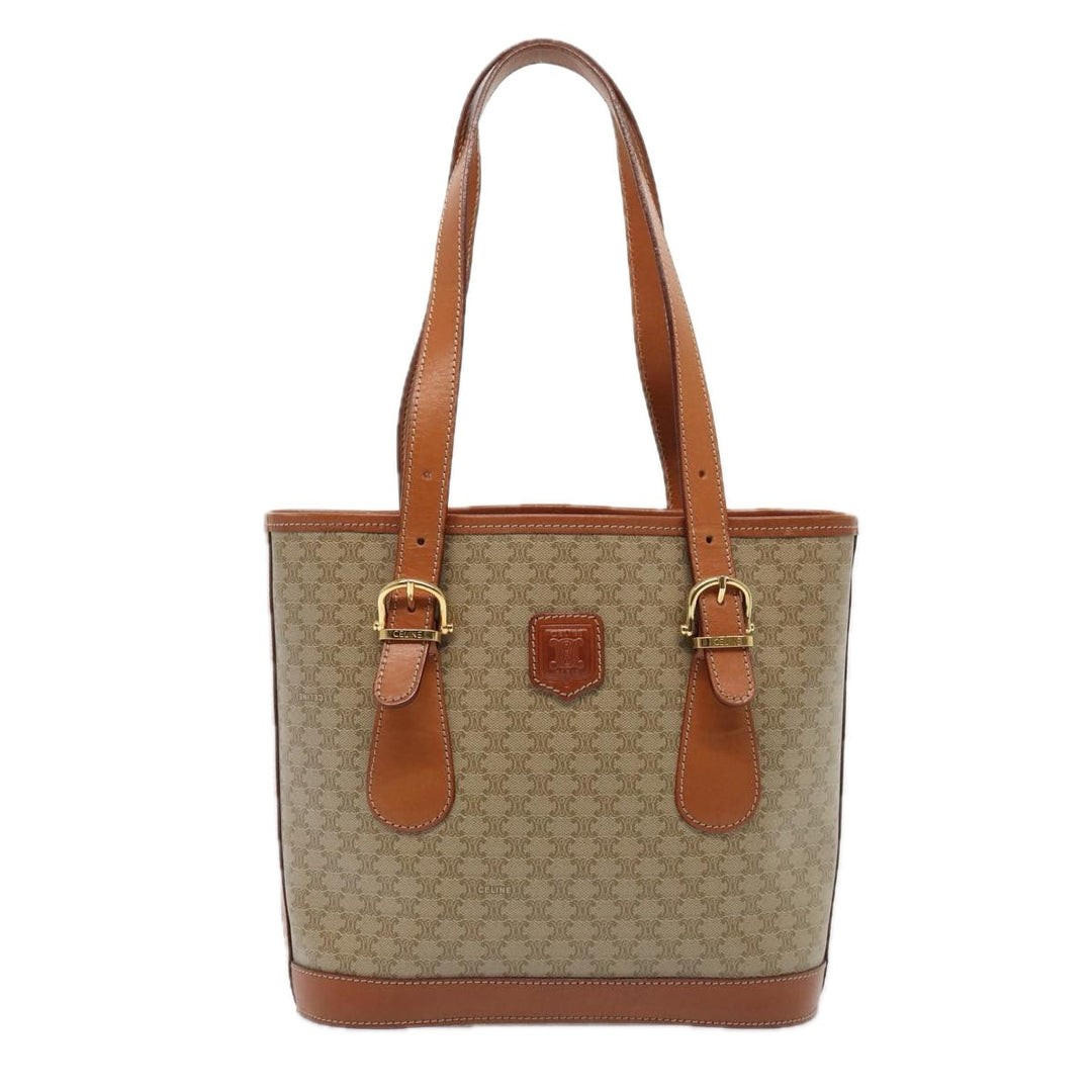 Celine Macadam Canvas Tote Bag Beige Gold Auth 88763