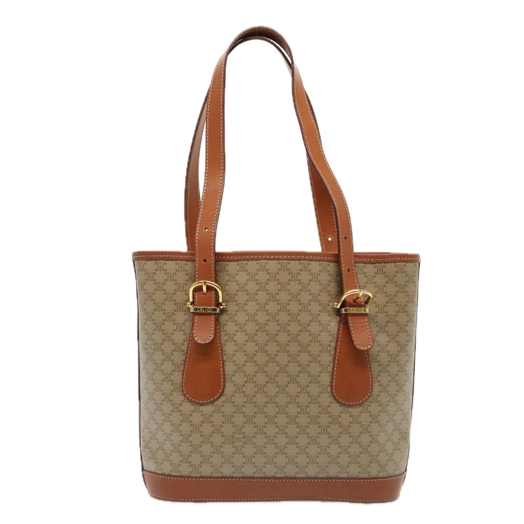 Celine Macadam Canvas Tote Bag Beige Gold Auth 88763