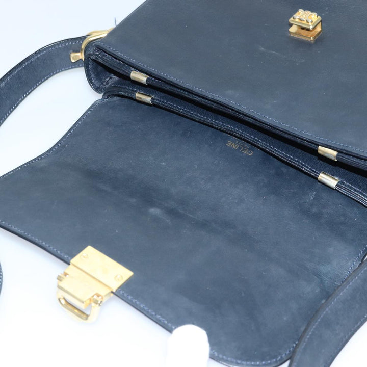 Celine Shoulder Bag Leather Navy Gold Auth 88765