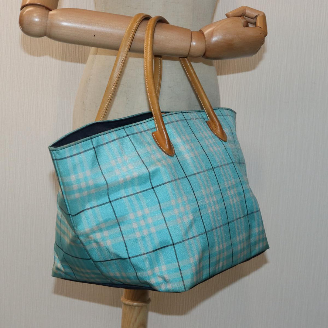 BurberrySs Nova Check Blue Label Tote Bag Nylon Light Blue Silver Auth 88783