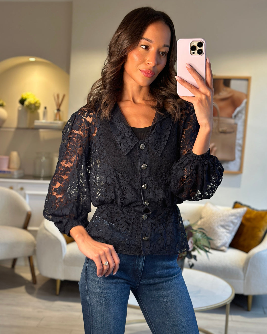Top Quality Chanel Navy Lace Long Sleeve Shirt with Ruthenium Buttons Detail Size FR 36 (UK 8)
