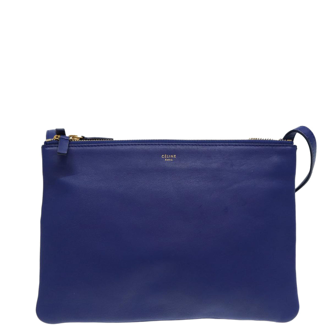 Celine Trio Shoulder Bag Leather Blue Gold Auth 89106