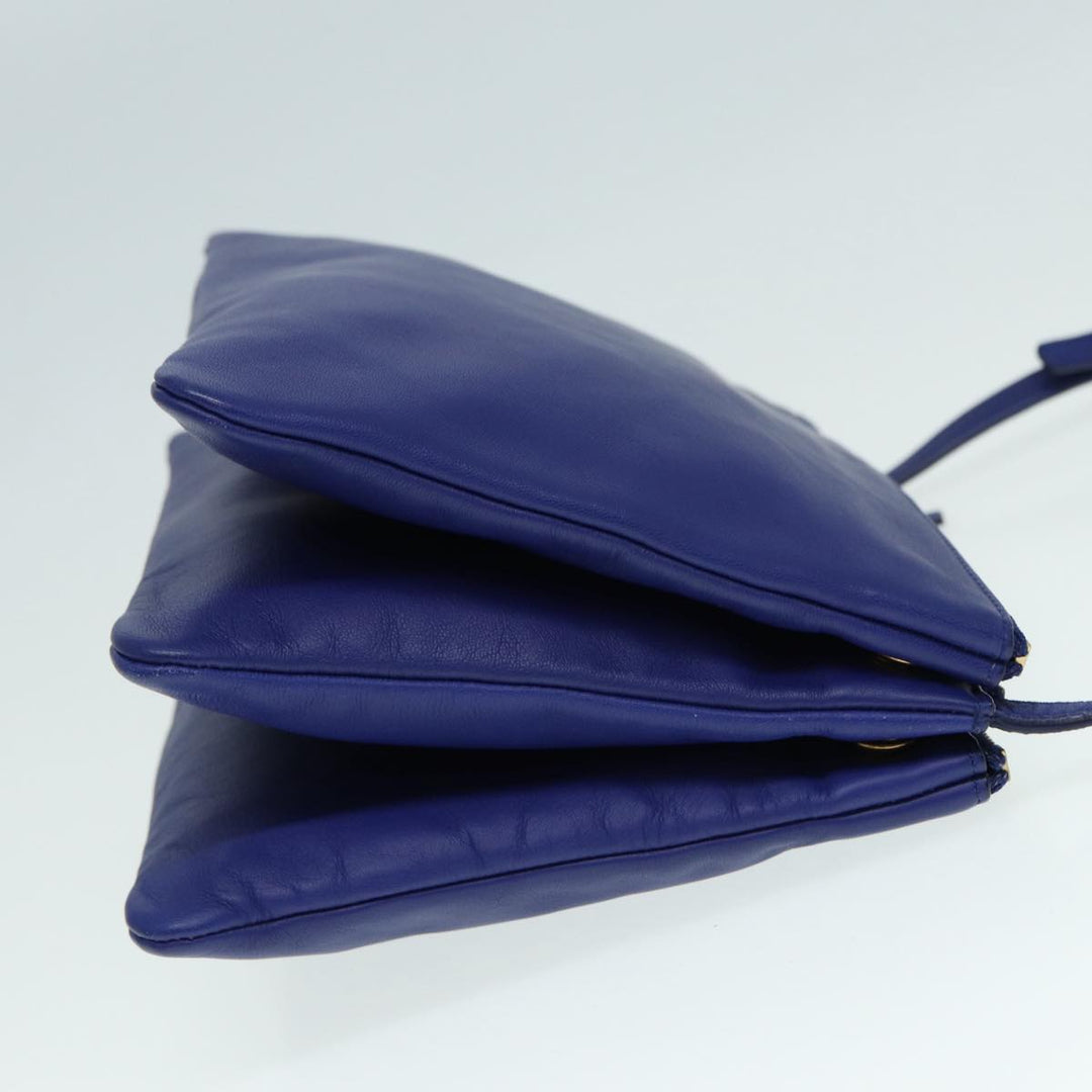 Celine Trio Shoulder Bag Leather Blue Gold Auth 89106
